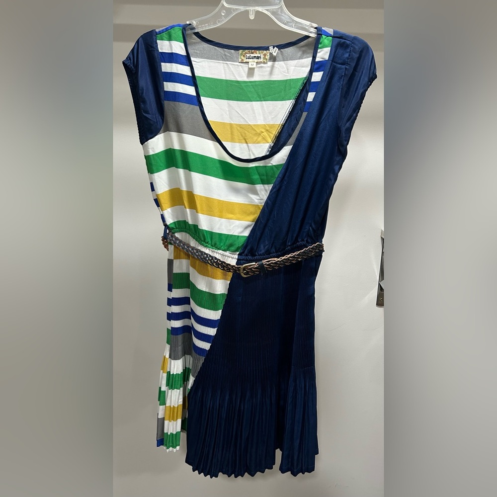 Asymmetrical Dress with Blue and Green Stripes